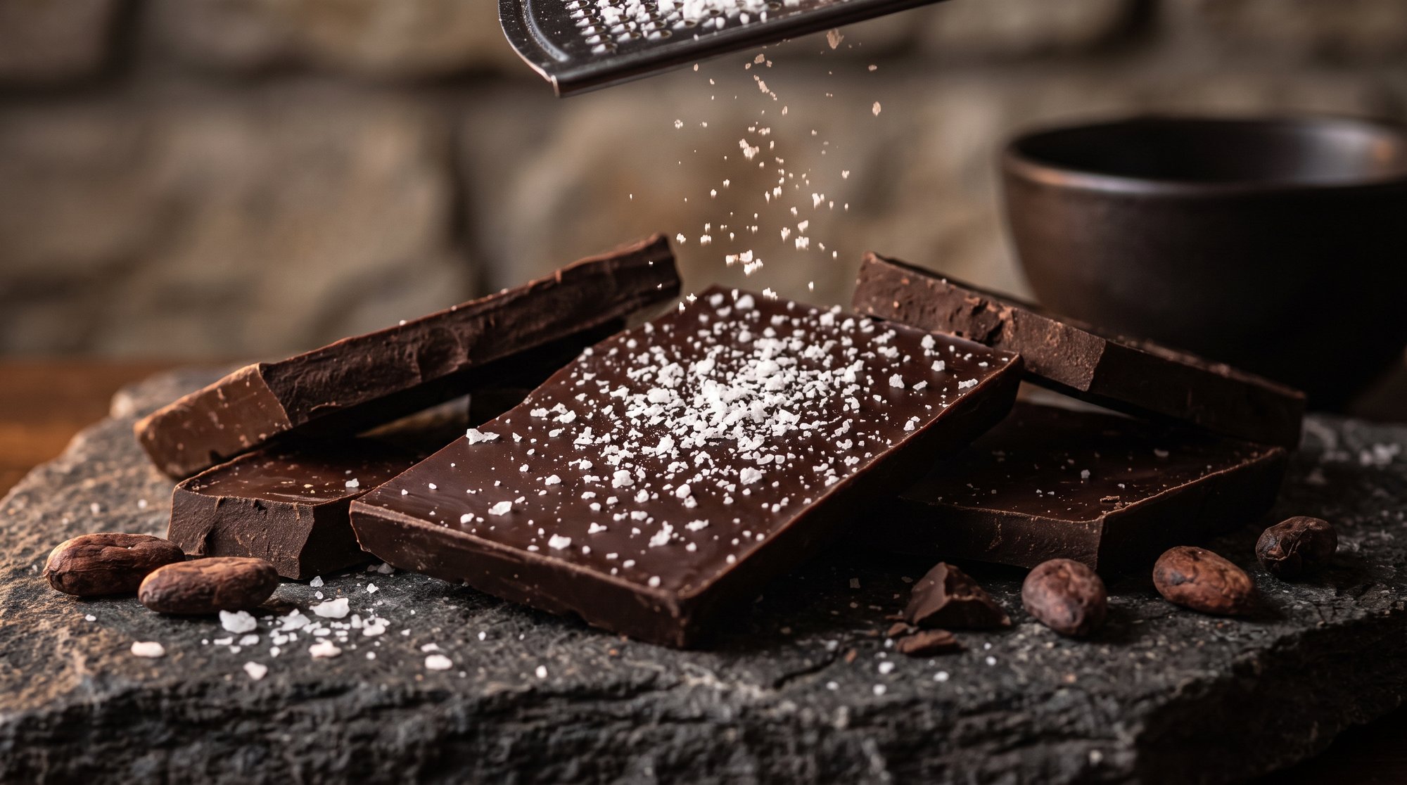 Dark chocolate pieces with freshly grated mineral salt crystals