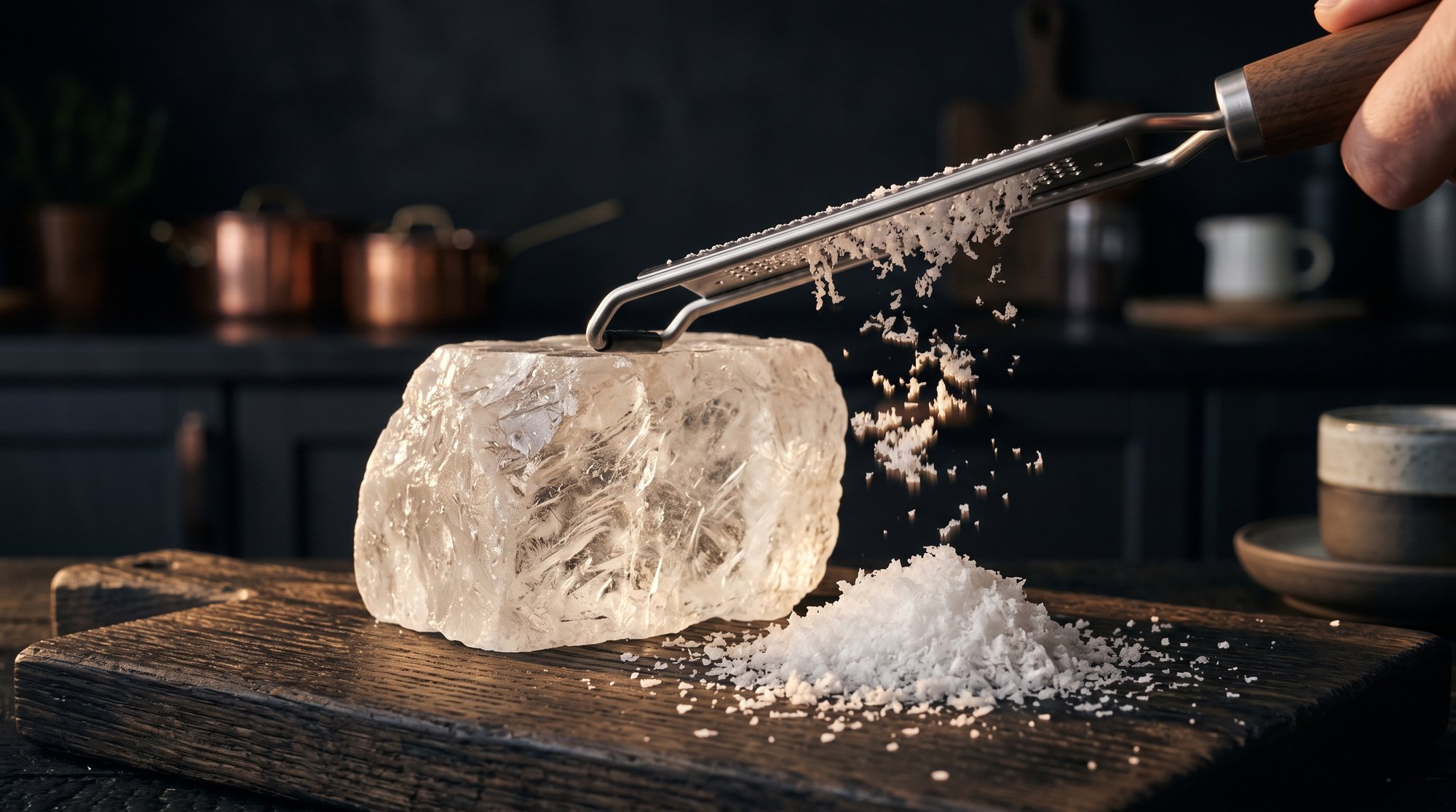 Salt being grated fresh over a beautifully plated dish