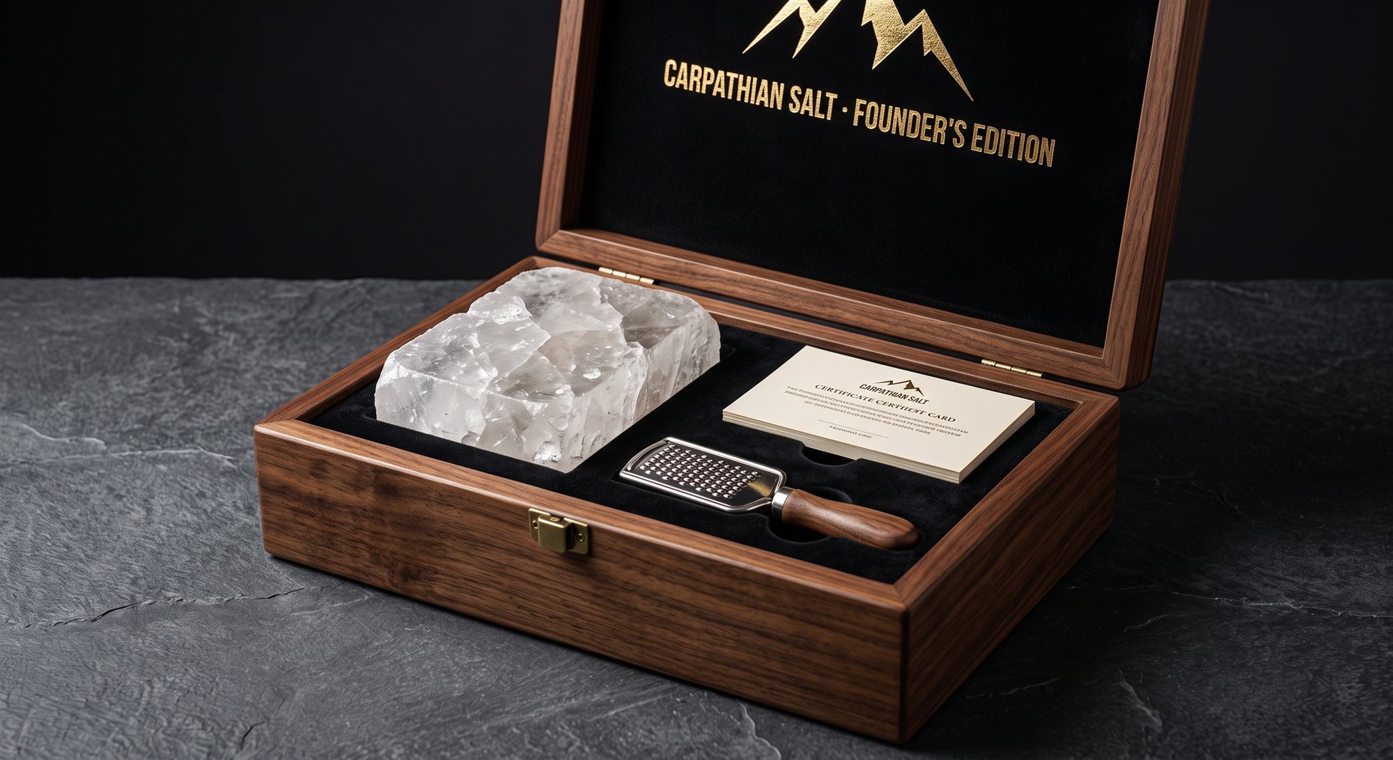 Founder's Edition walnut box with salt block and grater