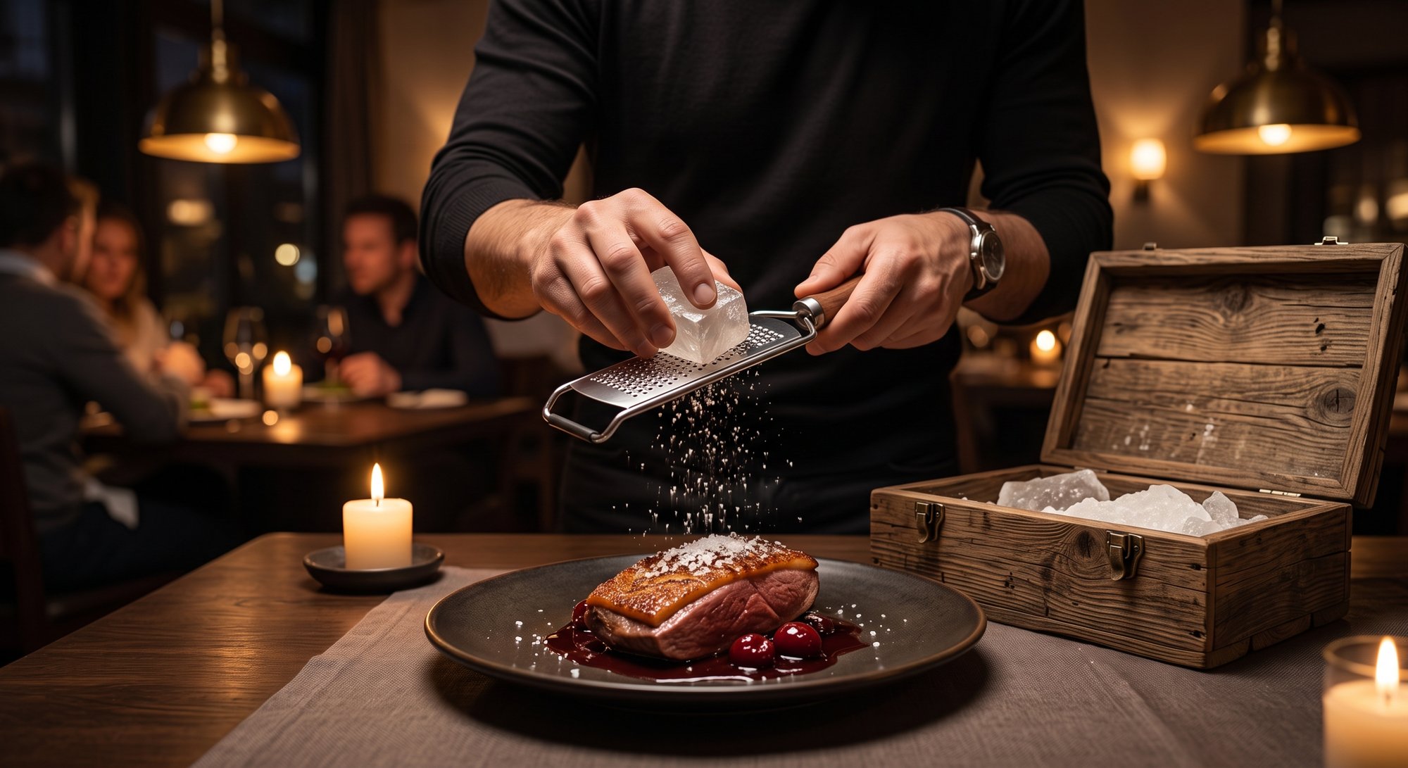 Salt being grated tableside over a gourmet dish